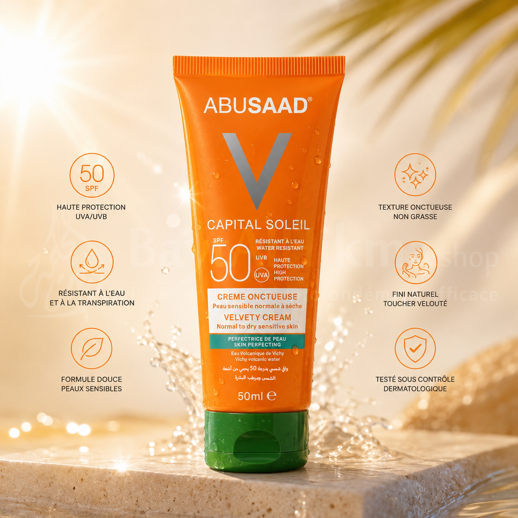 Écran Solaire ABUSAAD Capital Soleil - Crème Onctueuse SPF 50 (50ml) - واقي الشمس أبو سعد كابيتال سولاي - كريم مخملي بعامل حماية 50 (50 مل)