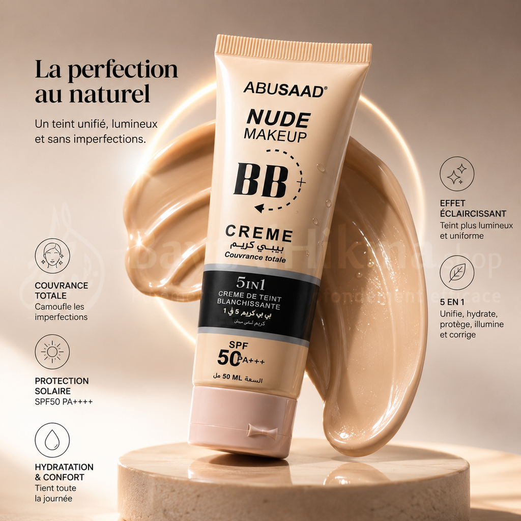 BB Crème Nude Makeup 5-en-1 - Couvrance Totale & Éclaircissante SPF 50 - ABUSAAD - بي بي كريم نيود ميك أب 5 في 1 - تغطية كاملة وتفتيح مع حماية SPF 50 - ABUSAAD