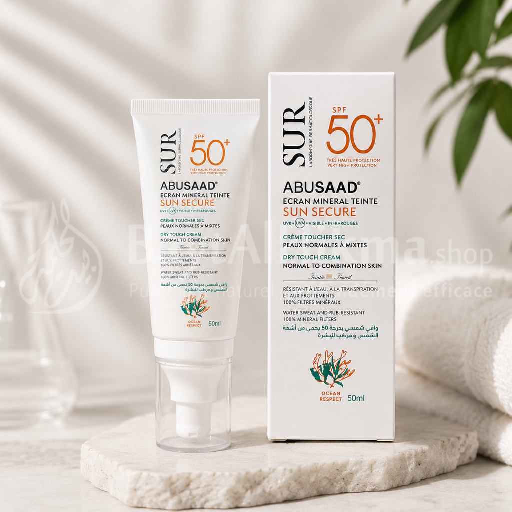 Écran Minéral Teinté SPF 50+ ABUSAAD Sun Secure — SUR Laboratoire Dermatologique (50ml) - واقي شمس معدني ملون +SPF 50 أبوسعد صن سيكور — مختبرات SUR (سعة 50 مل)