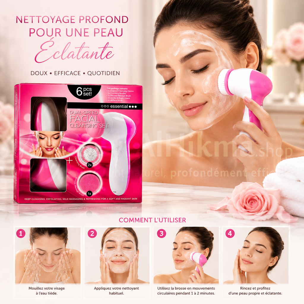 Kit Complet de Nettoyage Facial à Double Vitesse (6 Pièces) - Essential - مجموعة تنظيف الوجه المتكاملة مزدوجة السرعة (6 قطع)
