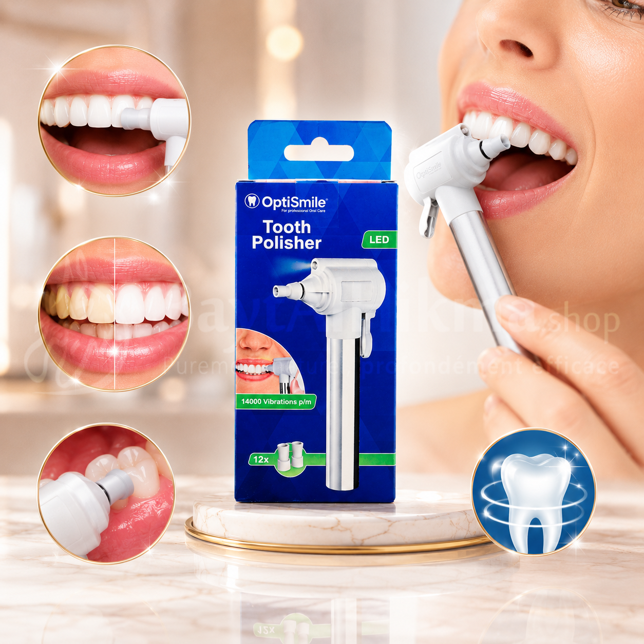 Polisseur Dentaire OptiSmile avec LED - Élimination des Taches et Plaque (14 000 vibrations) -  ملمع الأسنان أوبتي سمايل (OptiSmile) مع إضاءة LED - لإزالة التصبغات والجير (14000 اهتزازة)