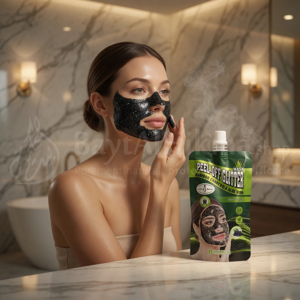 Masque Visage Peel-Off Pailleté – Charbon de Bambou & Aloe Vera (Détox & Éclat) - قناع الوجه اللامع القابل للتقشير – فحم البامبو والألوفيرا (تنقية ونضارة)