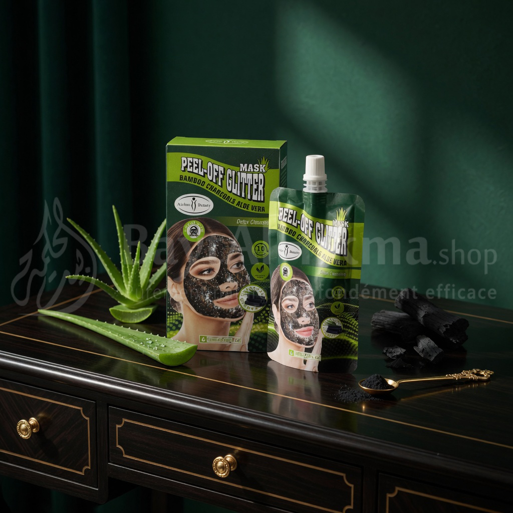 Masque Visage Peel-Off Pailleté – Charbon de Bambou & Aloe Vera (Détox & Éclat) - قناع الوجه اللامع القابل للتقشير – فحم البامبو والألوفيرا (تنقية ونضارة)