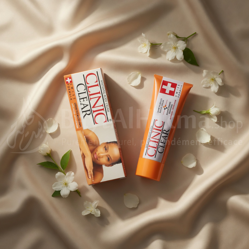Clinic Clear – Crème Éclaircissante & Anti-Taches Multi-Actions (50g) – Formule Suisse -  كريم كلينيك كلير (Clinic Clear) لتفتيح الجسم ومحاربة البقع الداكنة – تركيبة سويسرية (50 جم)