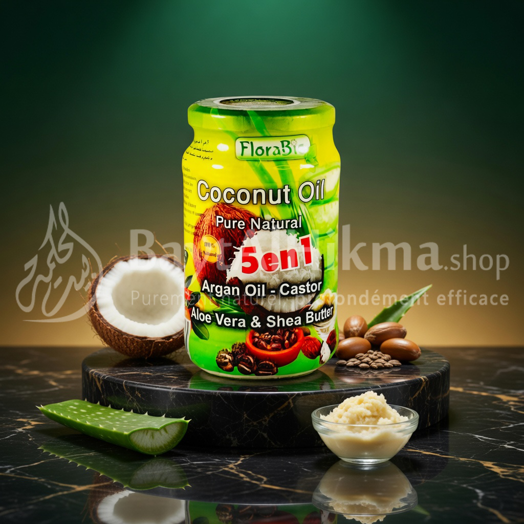 Huile de Coco 5 en 1 FloraBio – Soin Naturel Complet (Argan, Ricin, Aloe Vera & Karité)  - زيت جوز الهند 5 في 1 من فلورابيو – عناية طبيعية متكاملة (أركان، خروع، ألوفيرا وزبدة الشيا)