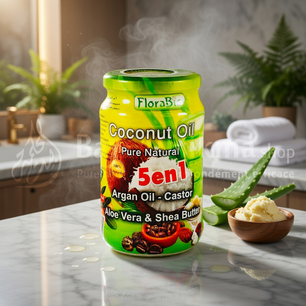 Huile de Coco 5 en 1 FloraBio – Soin Naturel Complet (Argan, Ricin, Aloe Vera & Karité)  - زيت جوز الهند 5 في 1 من فلورابيو – عناية طبيعية متكاملة (أركان، خروع، ألوفيرا وزبدة الشيا)
