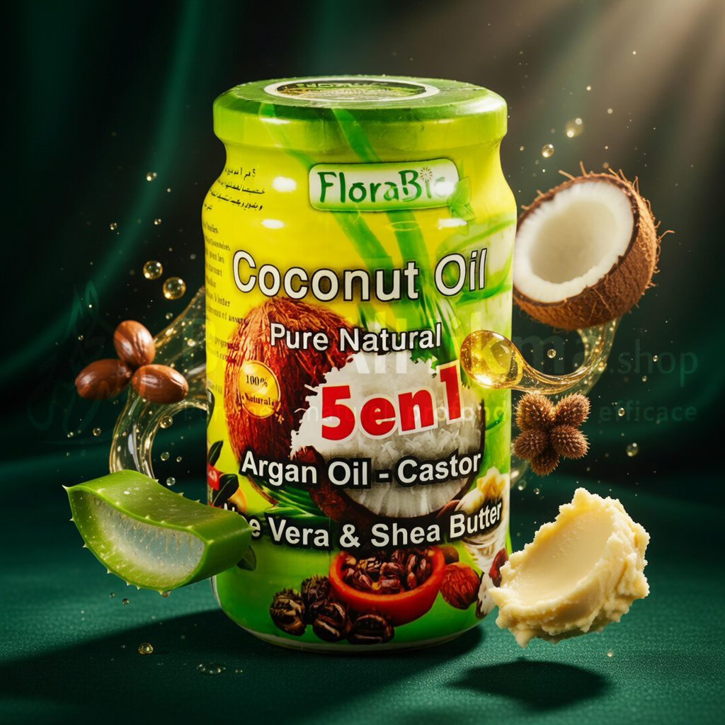 Huile de Coco 5 en 1 FloraBio – Soin Naturel Complet (Argan, Ricin, Aloe Vera & Karité)  - زيت جوز الهند 5 في 1 من فلورابيو – عناية طبيعية متكاملة (أركان، خروع، ألوفيرا وزبدة الشيا)