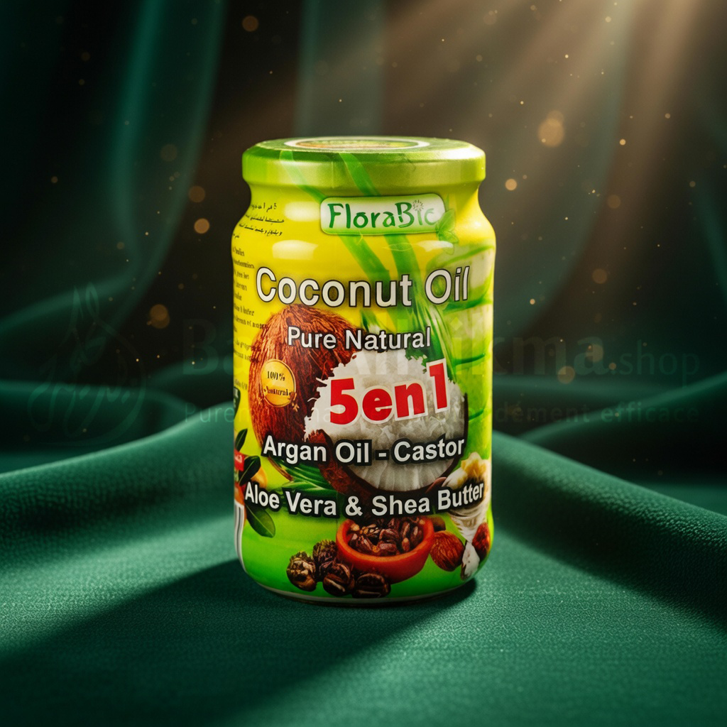 Huile de Coco 5 en 1 FloraBio – Soin Naturel Complet (Argan, Ricin, Aloe Vera & Karité)  - زيت جوز الهند 5 في 1 من فلورابيو – عناية طبيعية متكاملة (أركان، خروع، ألوفيرا وزبدة الشيا)