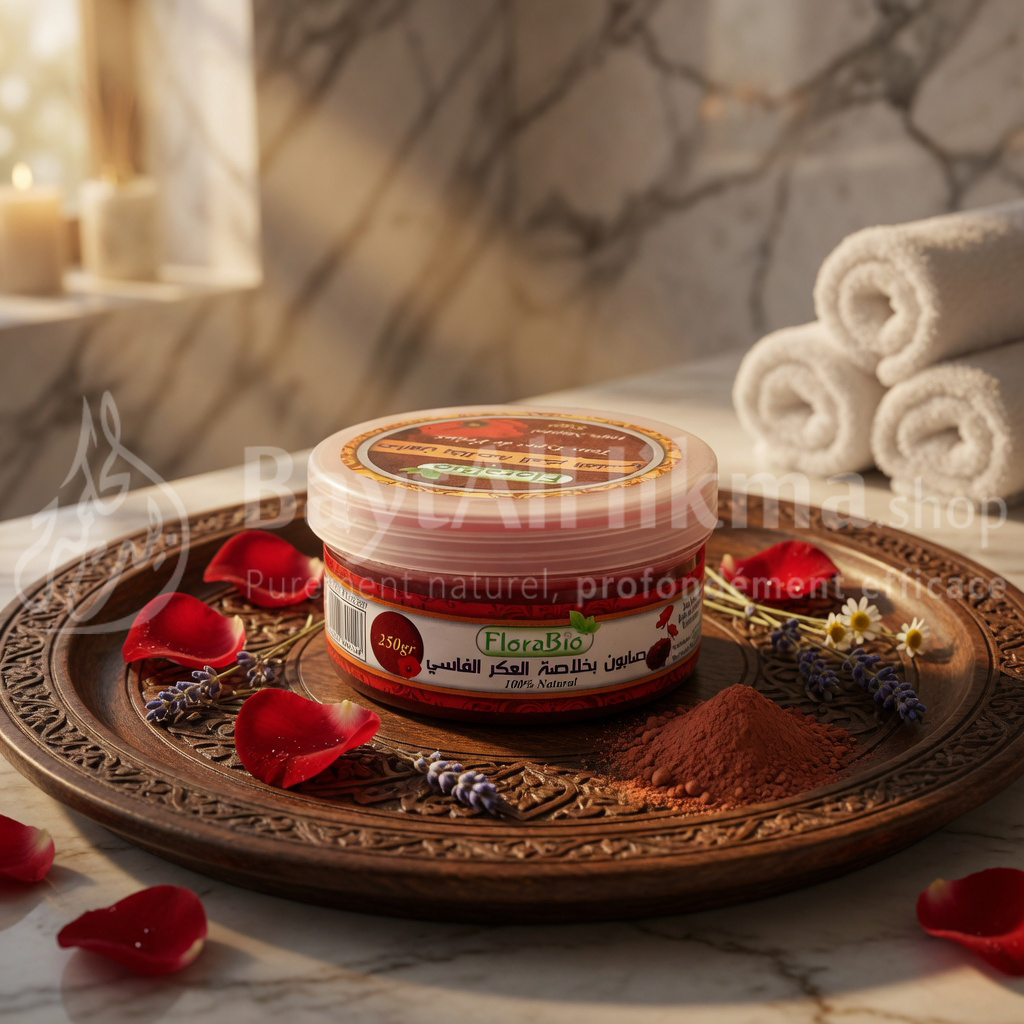 FloraBio – Savon Naturel à l'Aker Fassi et à l'Argile Rouge (250g) – Éclat & Pureté - صابون فلورا بيو الطبيعي بالعكر الفاسي والطين الأحمر  – لنضارة وصفاء البشرة
