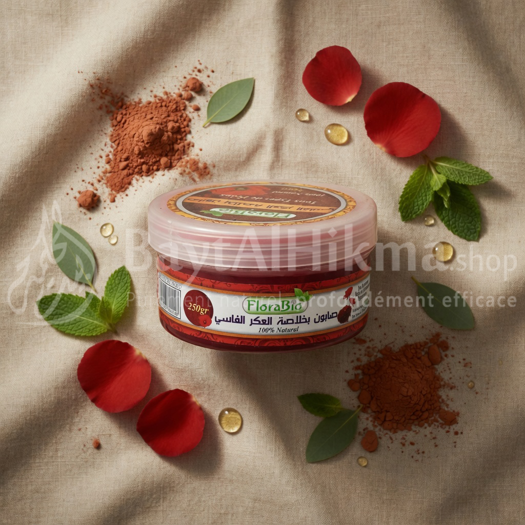 FloraBio – Savon Naturel à l'Aker Fassi et à l'Argile Rouge (250g) – Éclat & Pureté - صابون فلورا بيو الطبيعي بالعكر الفاسي والطين الأحمر  – لنضارة وصفاء البشرة