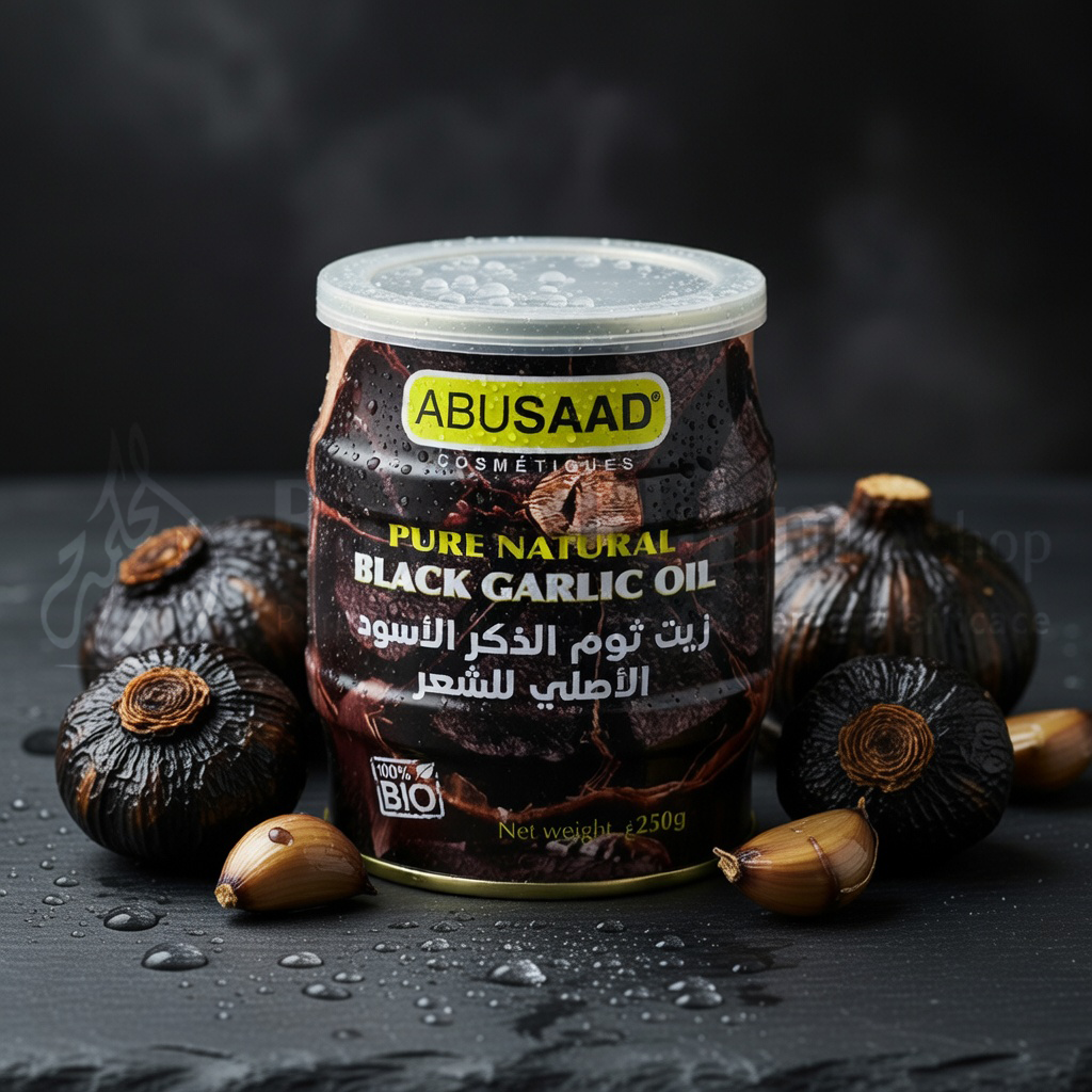 Huile d'Ail Noir pur et naturel pour cheveux (100% Bio) - ABUSAAD Cosmétiques (250g) - زيت ثوم الذكر الأسود الأصلي للشعر 100% طبيعي وعضوي - أبو سعد (250 غرام)