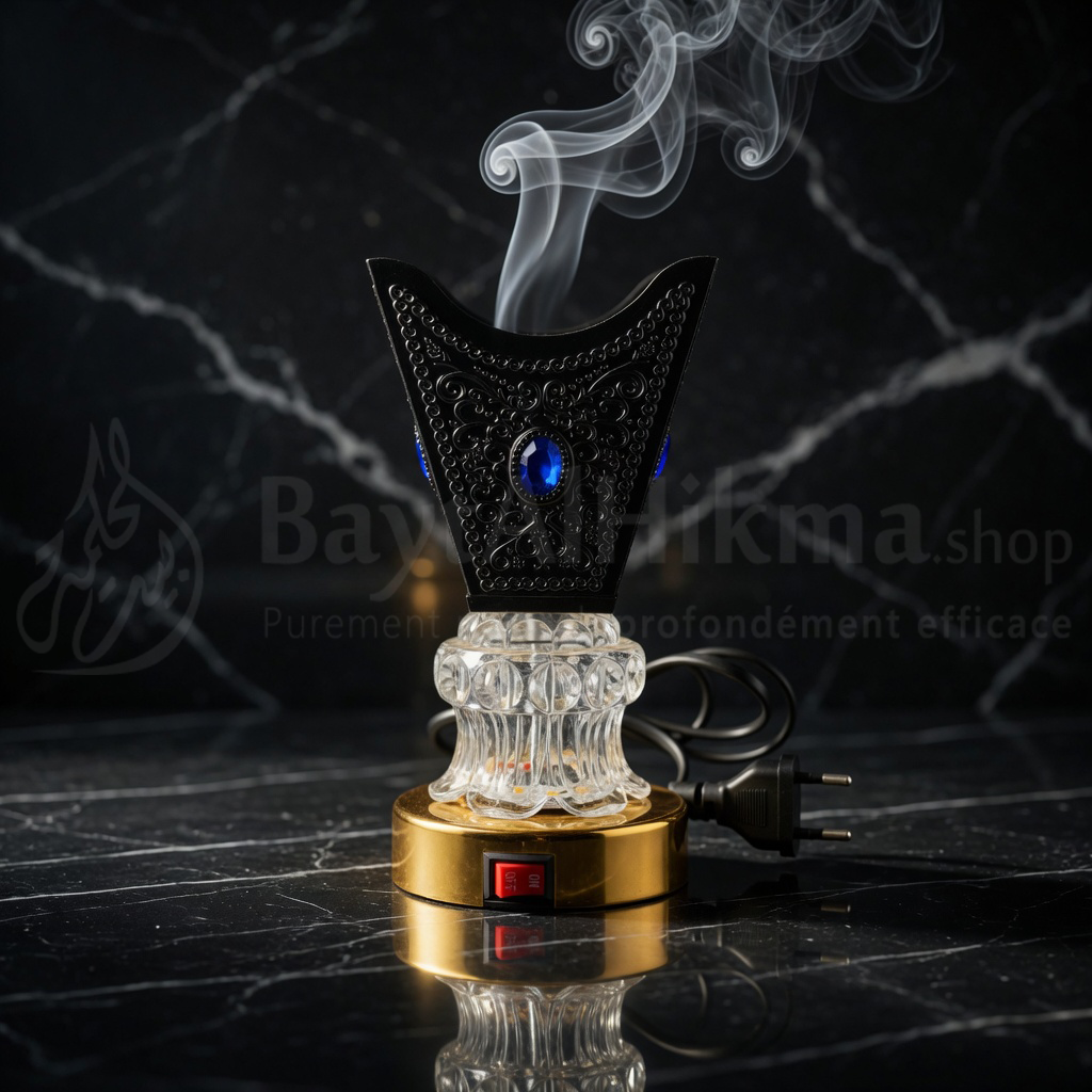 Mabkhra Électrique de Luxe – Noir, Or & Cristal avec Pierre Bleue - مبخرة كهربائية فاخرة – أسود وذهبي وكريستال مع فص أزرق
