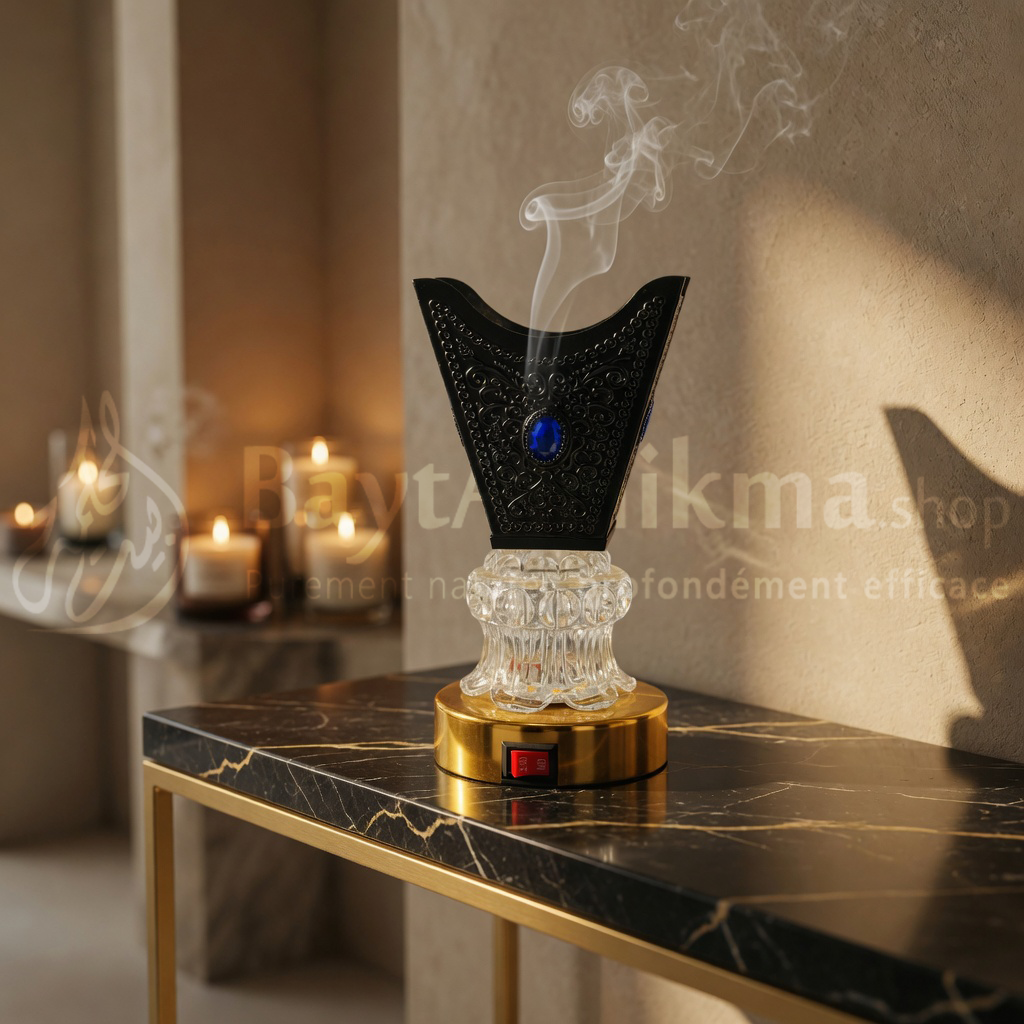 Mabkhra Électrique de Luxe – Noir, Or & Cristal avec Pierre Bleue - مبخرة كهربائية فاخرة – أسود وذهبي وكريستال مع فص أزرق