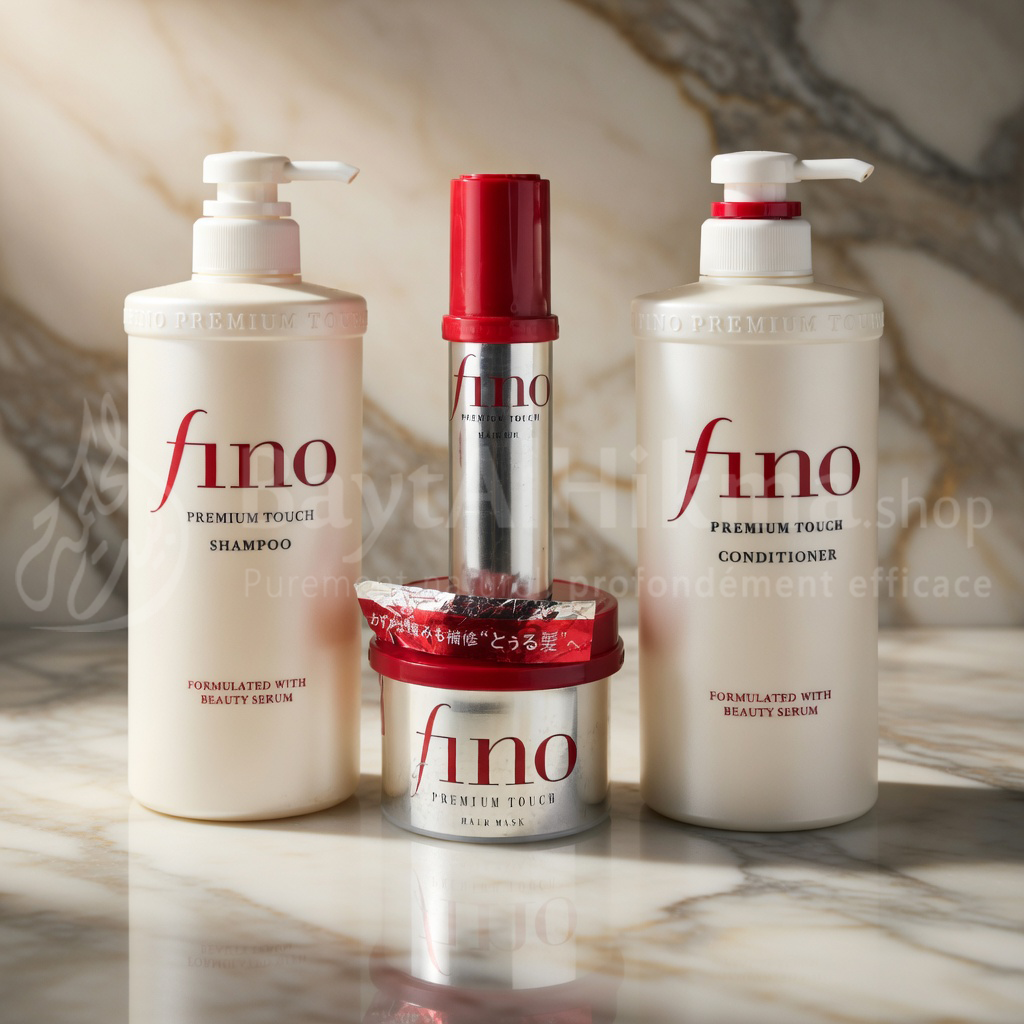 Pack Complet Fino Premium Touch - Réparation & Éclat (Shampoing 550ml + Démêlant 550ml + Masque + Huile) - المجموعة الكاملة للعناية بالشعر فينو بريميوم تاتش - إصلاح ولمعان (شامبو 550 مل + بلسم 550 مل + ماسك + زيت)