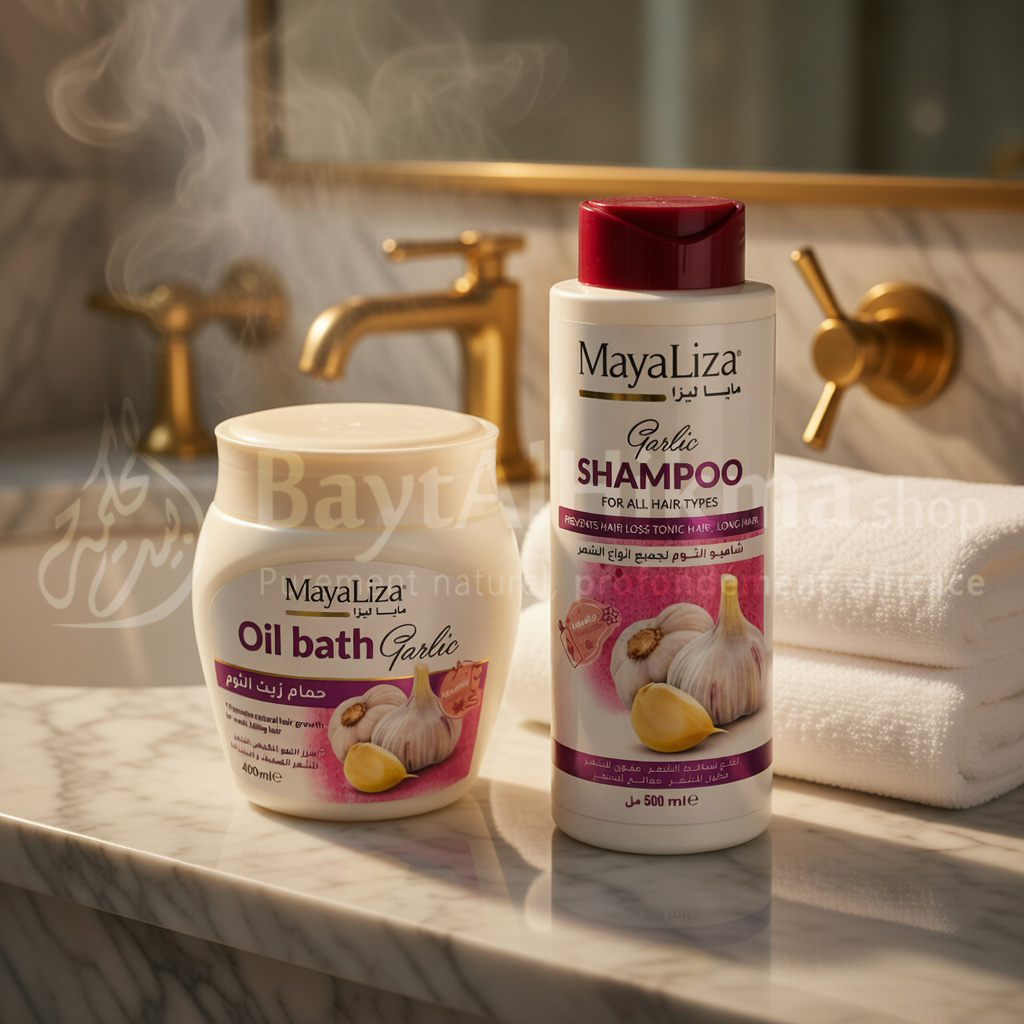 Pack Anti-Chute & Pousse au Lail MayaLiza – Shampooing (500ml) + Bain d'Huile (400ml) - باقة مايا ليزا بالثوم ضد تساقط الشعر وتطويله – شامبو (500 مل) + حمام زيت (400 مل)