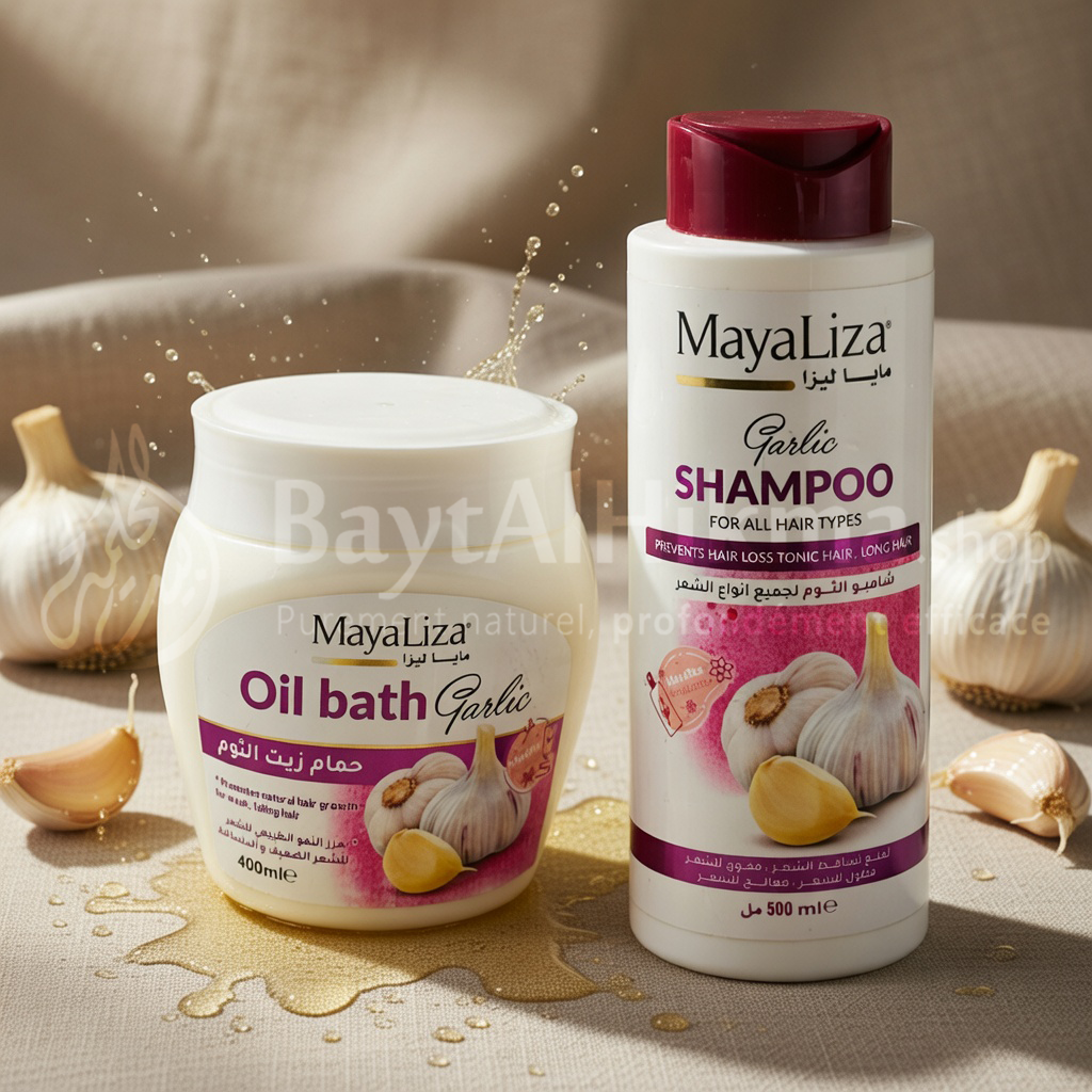 Pack Anti-Chute & Pousse au Lail MayaLiza – Shampooing (500ml) + Bain d'Huile (400ml) - باقة مايا ليزا بالثوم ضد تساقط الشعر وتطويله – شامبو (500 مل) + حمام زيت (400 مل)