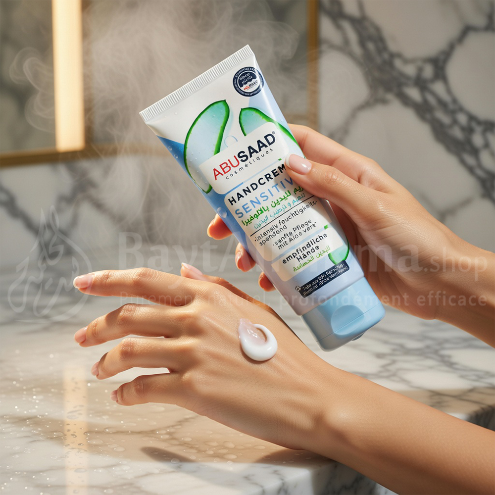 Crème Mains "Sensitive" à l'Aloe Vera – Hydratation Intense – Abusaad Cosmétiques (100ml) - كريم اليدين "سنسيتيف" بالألوفيرا – ترطيب مكثف – أبوسعد كوزميتيكس