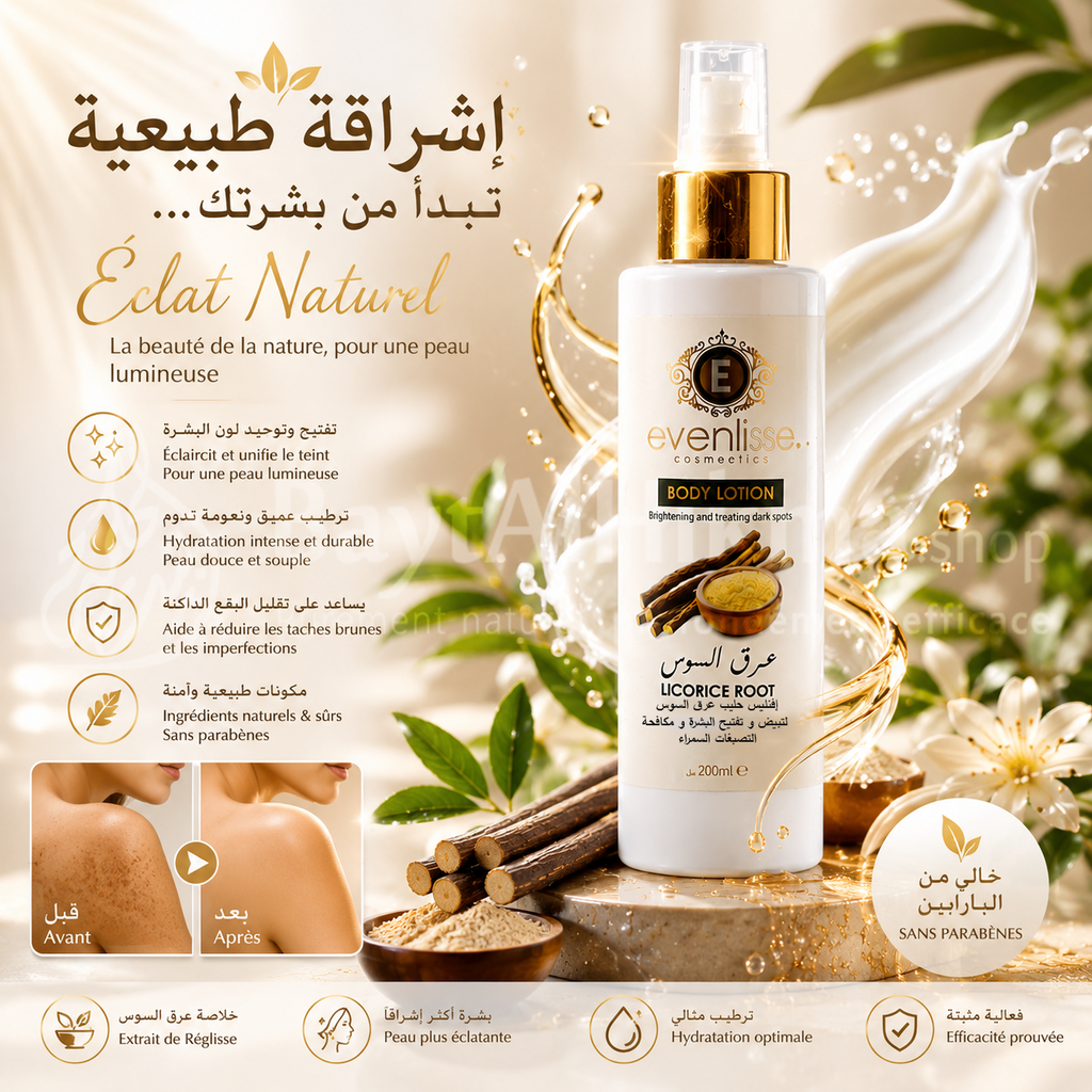 Lait Corporel Éclaircissant Evenlisse à la Racine de Réglisse – Anti-Taches & Éclat (200ml) - لوشن الجسم إيفليس بخلاصة عرق السوس – لتفتيح البشرة ومكافحة التصبغات