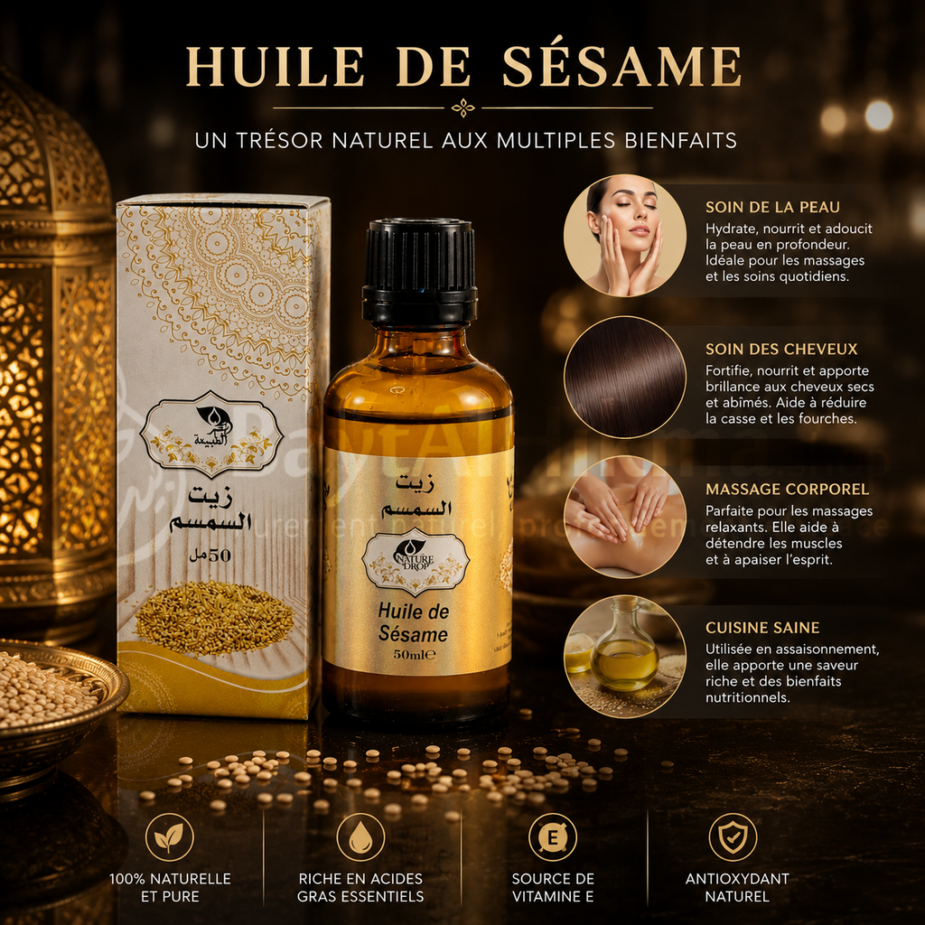 Huile de Sésame 100% Naturelle - Nature Drop (50 ml) - زيت السمسم الطبيعي 100% - قطر الطبيعة (50 مل)