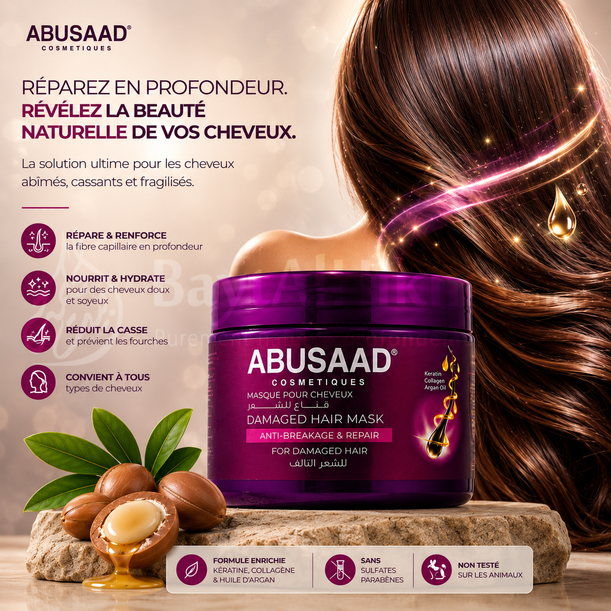 Masque Capillaire ABUSAAD Active Kiratin Straight - Anti-Frisottis (400ml) - قناع للشعر أبو سعد أكتيف كيراتين ستريت - حماية ضد التجعد (400 مل)