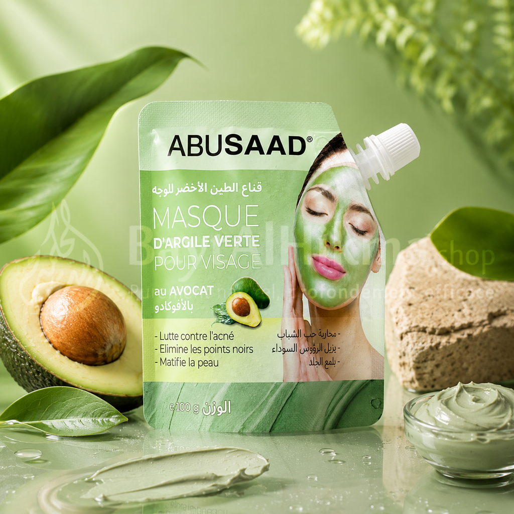 Masque d'Argile Verte Purifiant à l'Avocat — ABUSAAD — 100g - قناع الطين الأخضر المنقي للوجه بالأفوكادو من أبوسعد — 100 غرام