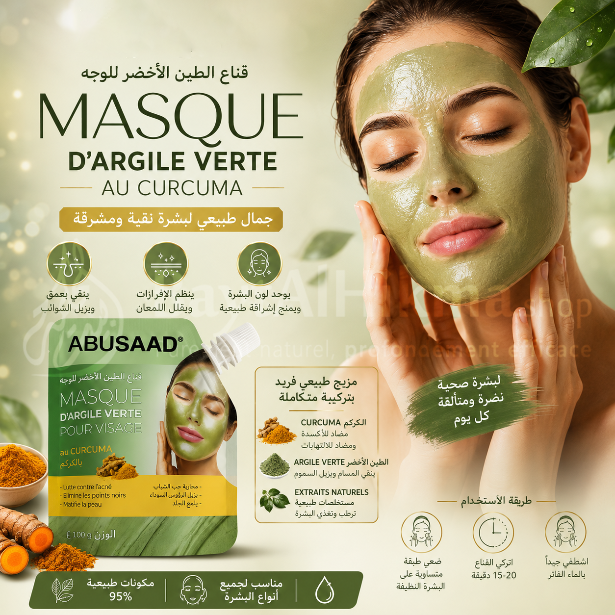 Masque d'Argile Verte pour Visage au Curcuma - ABUSAAD (100g) - قناع الطين الأخضر للوجه بالكركم من أبو سعد