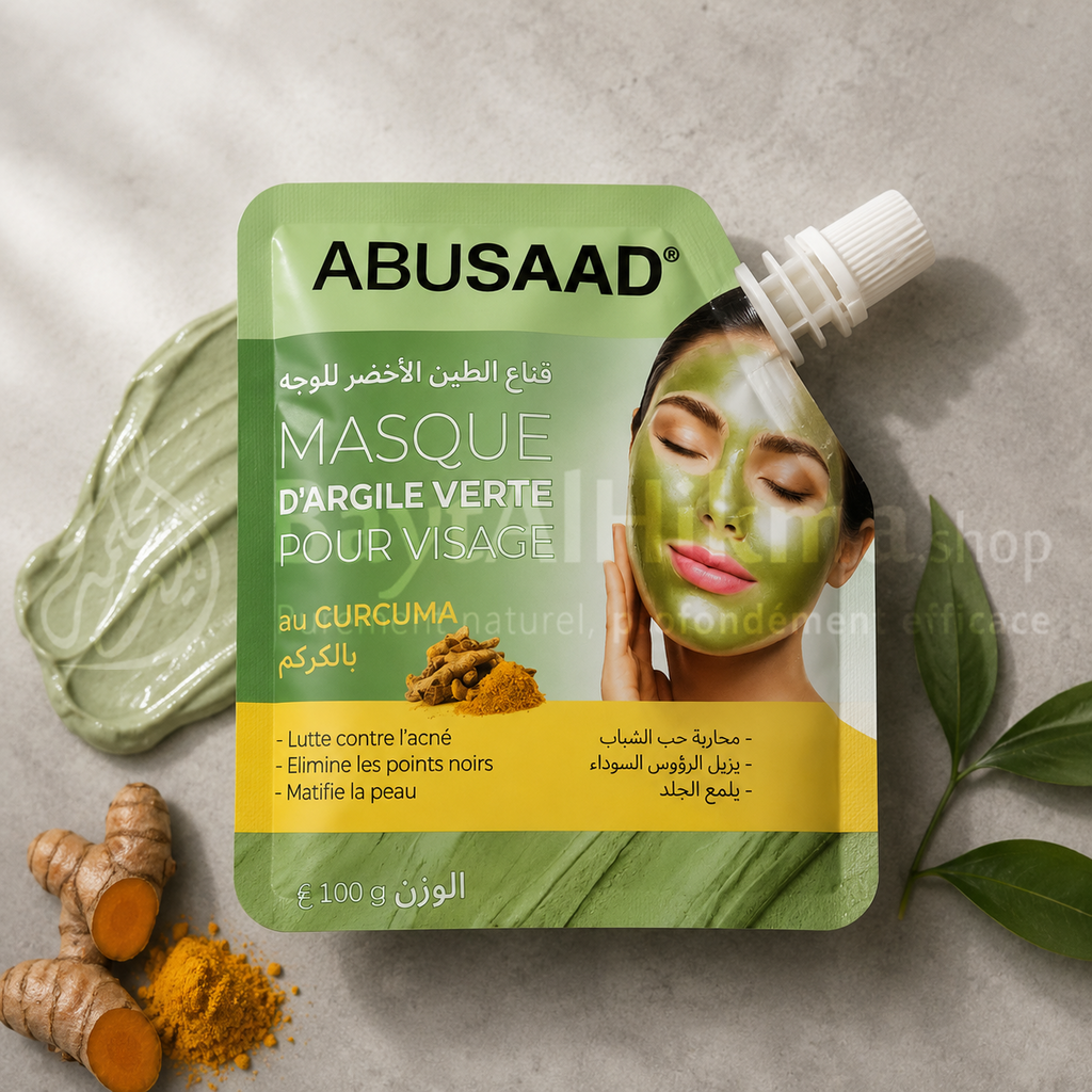 Masque d'Argile Verte pour Visage au Curcuma - ABUSAAD (100g) - قناع الطين الأخضر للوجه بالكركم من أبو سعد