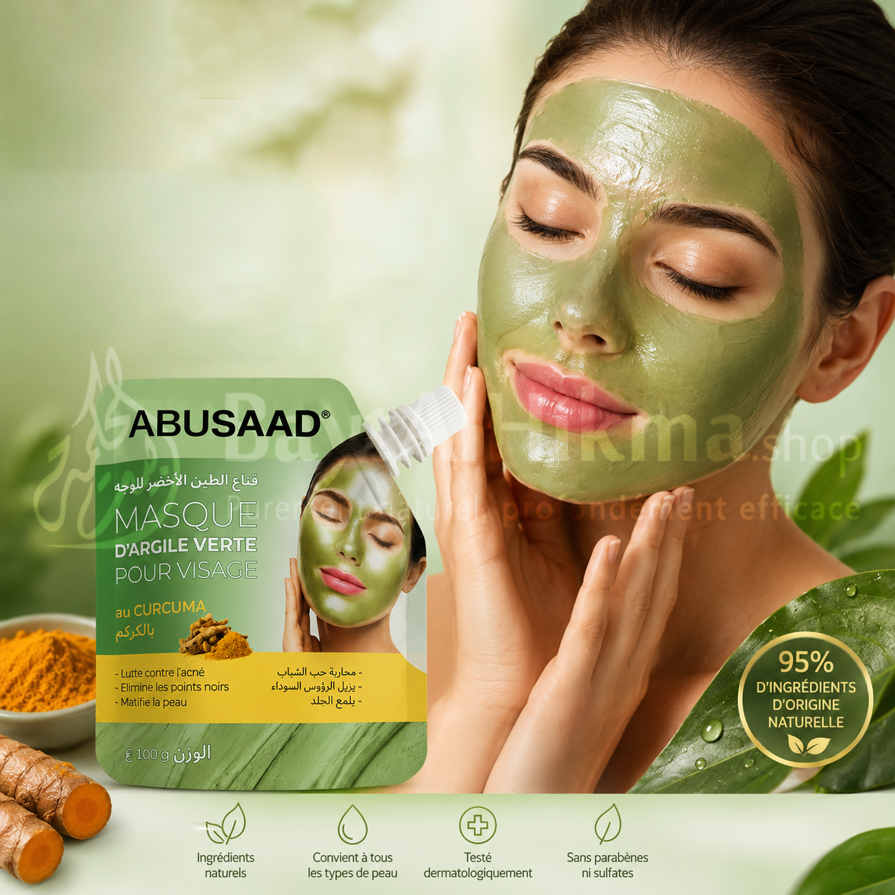 Masque d'Argile Verte pour Visage au Curcuma - ABUSAAD (100g) - قناع الطين الأخضر للوجه بالكركم من أبو سعد