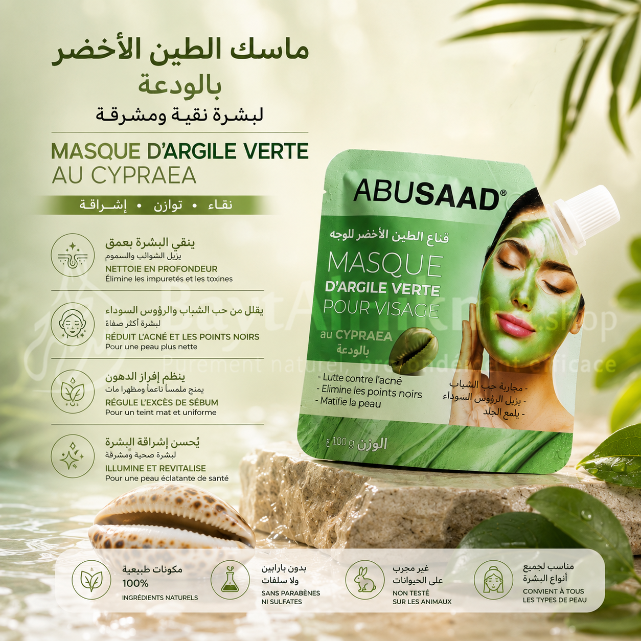 Masque d'Argile Verte pour Visage au Cypraea (Poudre de Cauri) - ABUSAAD (100g) - قناع الطين الأخضر للوجه بالودعة - أبو سعد (100 غ)