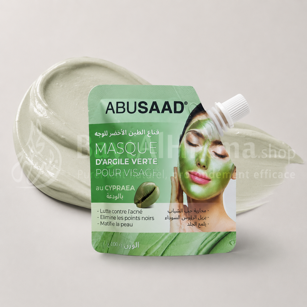 Masque d'Argile Verte pour Visage au Cypraea (Poudre de Cauri) - ABUSAAD (100g) - قناع الطين الأخضر للوجه بالودعة - أبو سعد (100 غ)