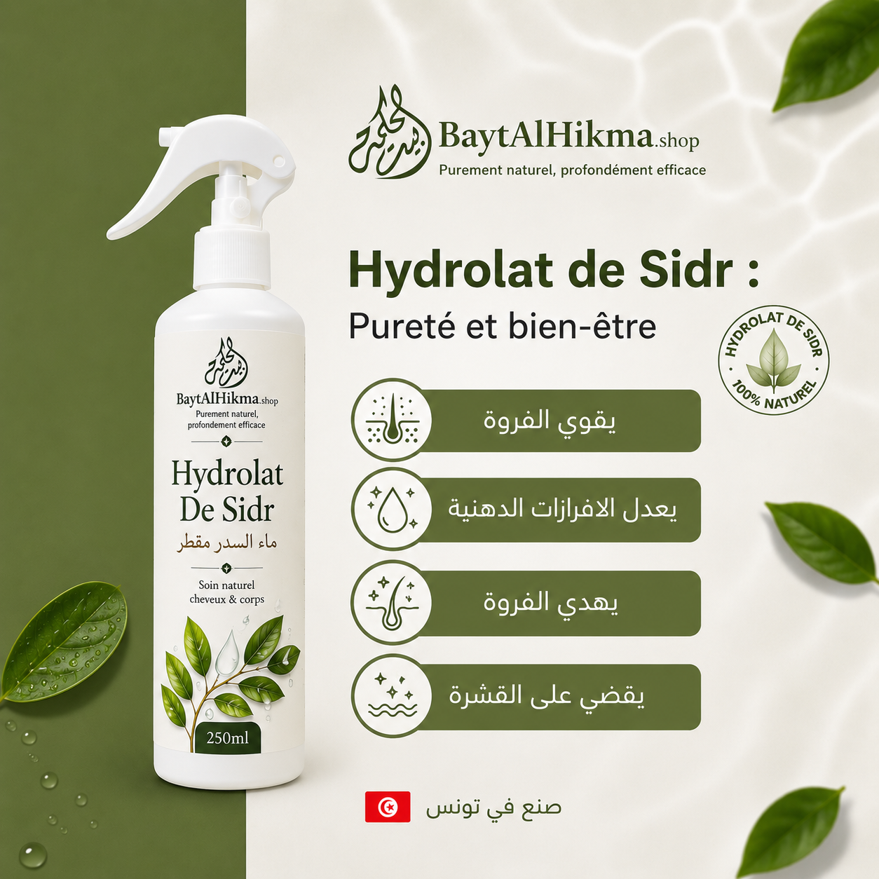Hydrolat de Sidr (Jujubier) - Soin Naturel Cheveux & Corps | 250ml - Bayt Al Hikma - ماء السدر المقطر - عناية طبيعية للشعر والجسم | 250 مل - بيت الحكمة
